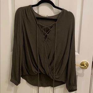 LUSH olive green printed long sleeve blouse
